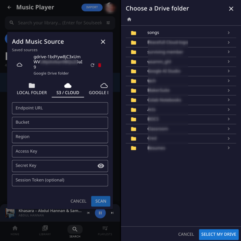 Add Music Source dialog with local folder, S3 cloud and Google Drive tabs, next to a Google Drive folder browser