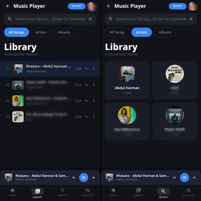 Listune library showing a numbered track list and an artist grid view