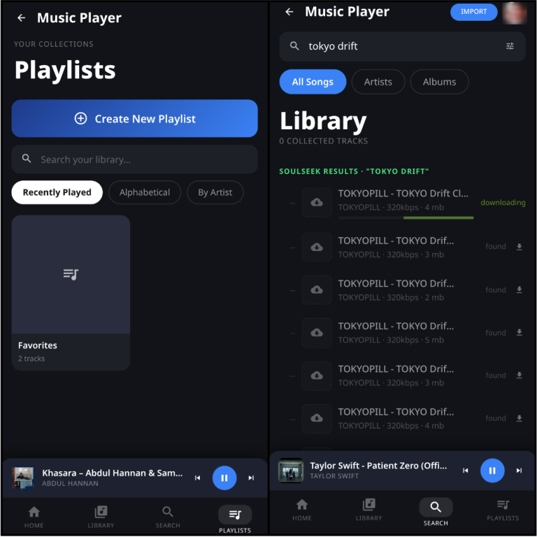 Listune playlists screen next to a Soulseek search with faded download placeholders and progress
